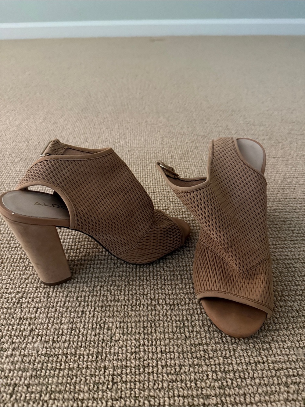 ALDO Tan Mesh Peep-Toe Block Heel Booties